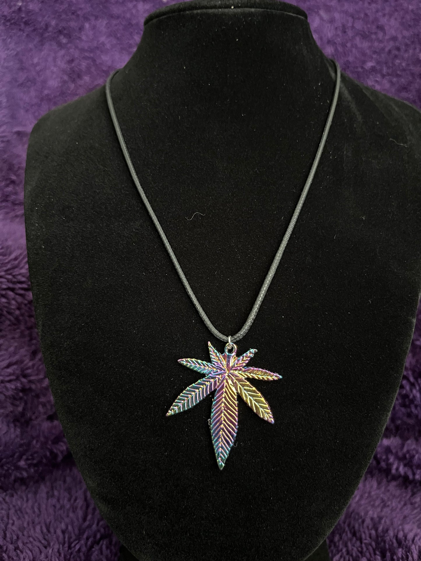 Multicoloredq Pot Leaf Charm Necklace (39mmX33mm pot leaf charm on 18” adjustable leather necklace)