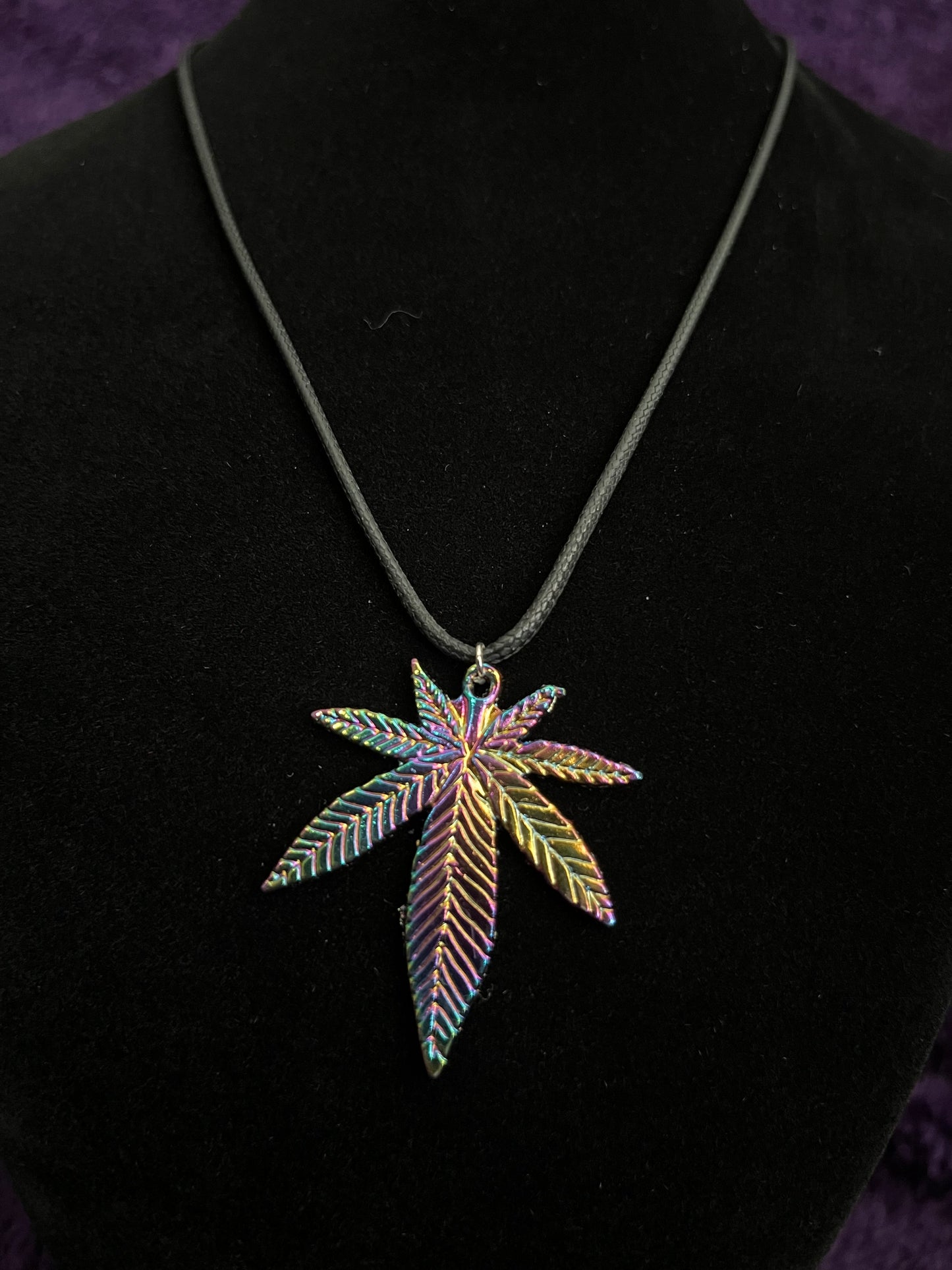 Multicoloredq Pot Leaf Charm Necklace (39mmX33mm pot leaf charm on 18” adjustable leather necklace)