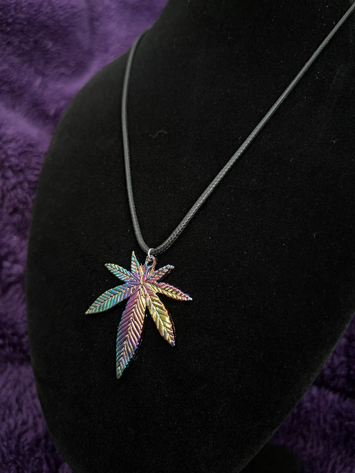 Multicoloredq Pot Leaf Charm Necklace (39mmX33mm pot leaf charm on 18” adjustable leather necklace)