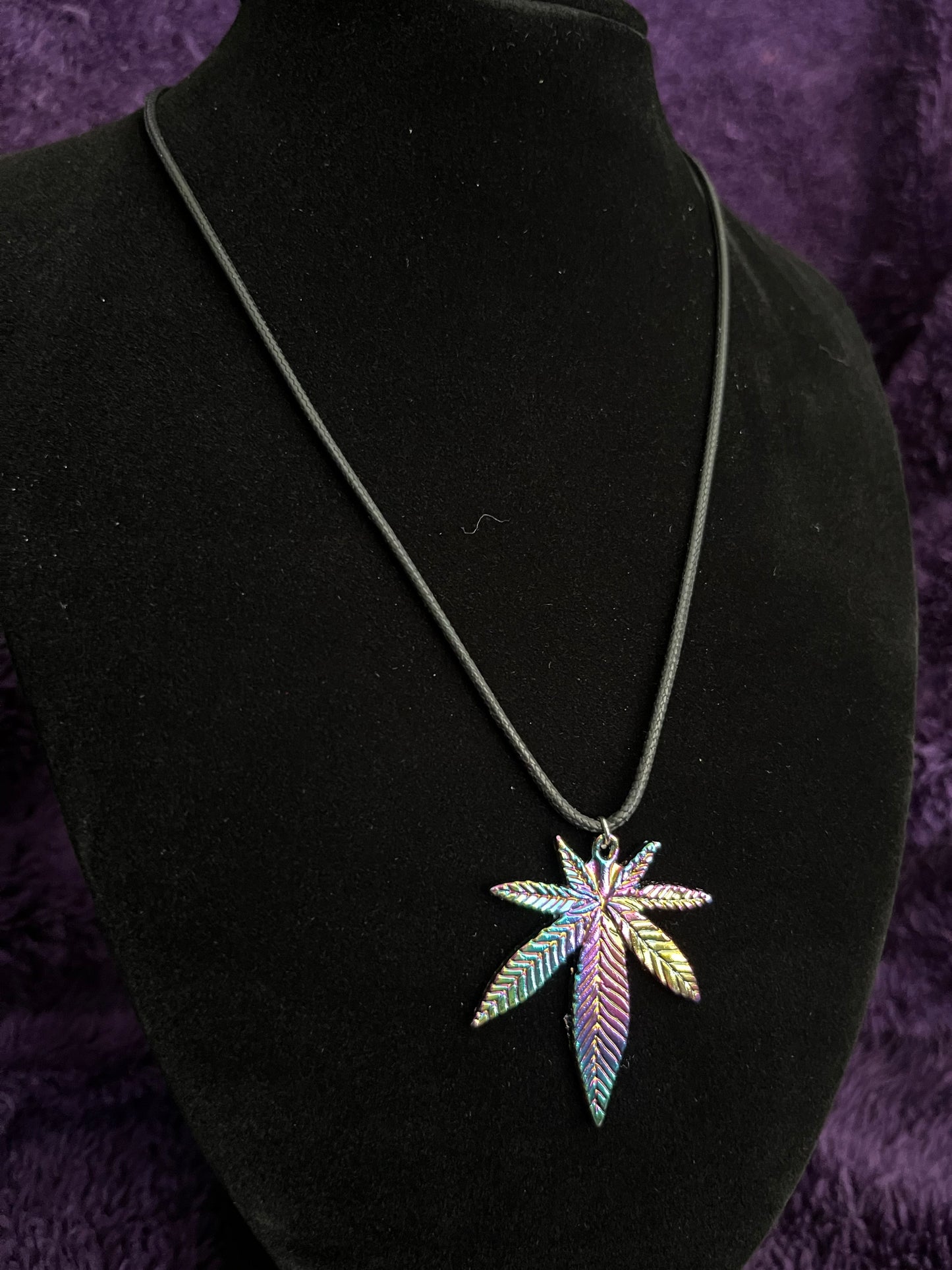 Multicoloredq Pot Leaf Charm Necklace (39mmX33mm pot leaf charm on 18” adjustable leather necklace)